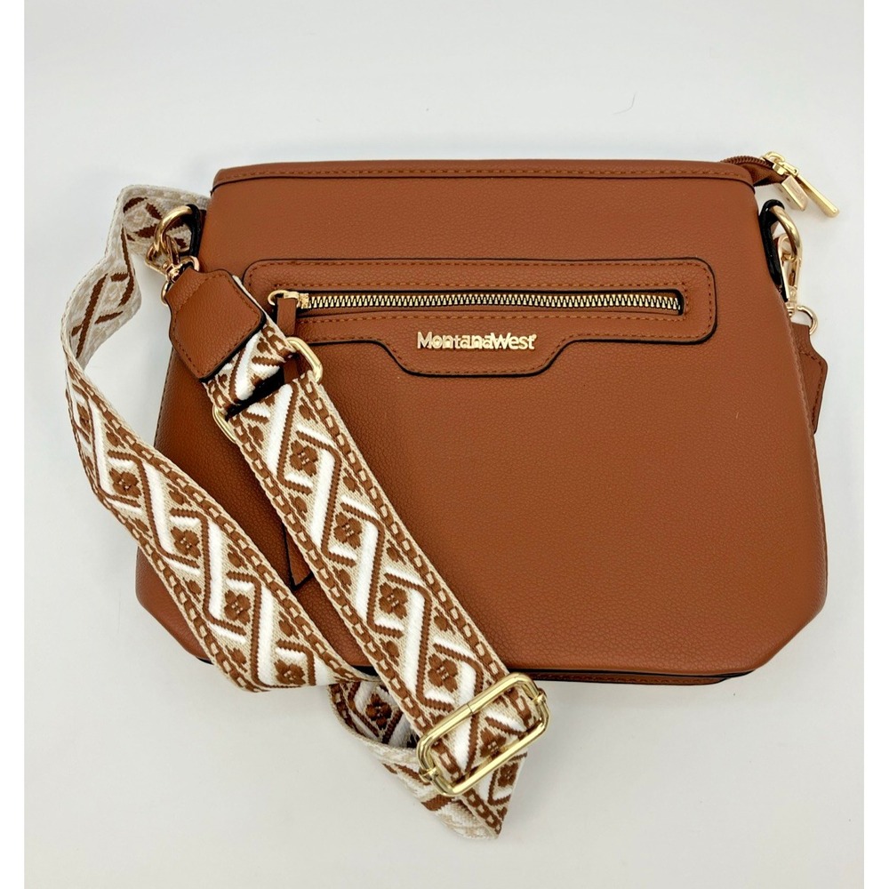 Montana West Brown Vegan Leather Crossbody Bag Geometric Guitar Strap Purse Boho